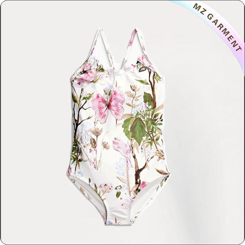 Kids Cream Printed Flower Swimsuit